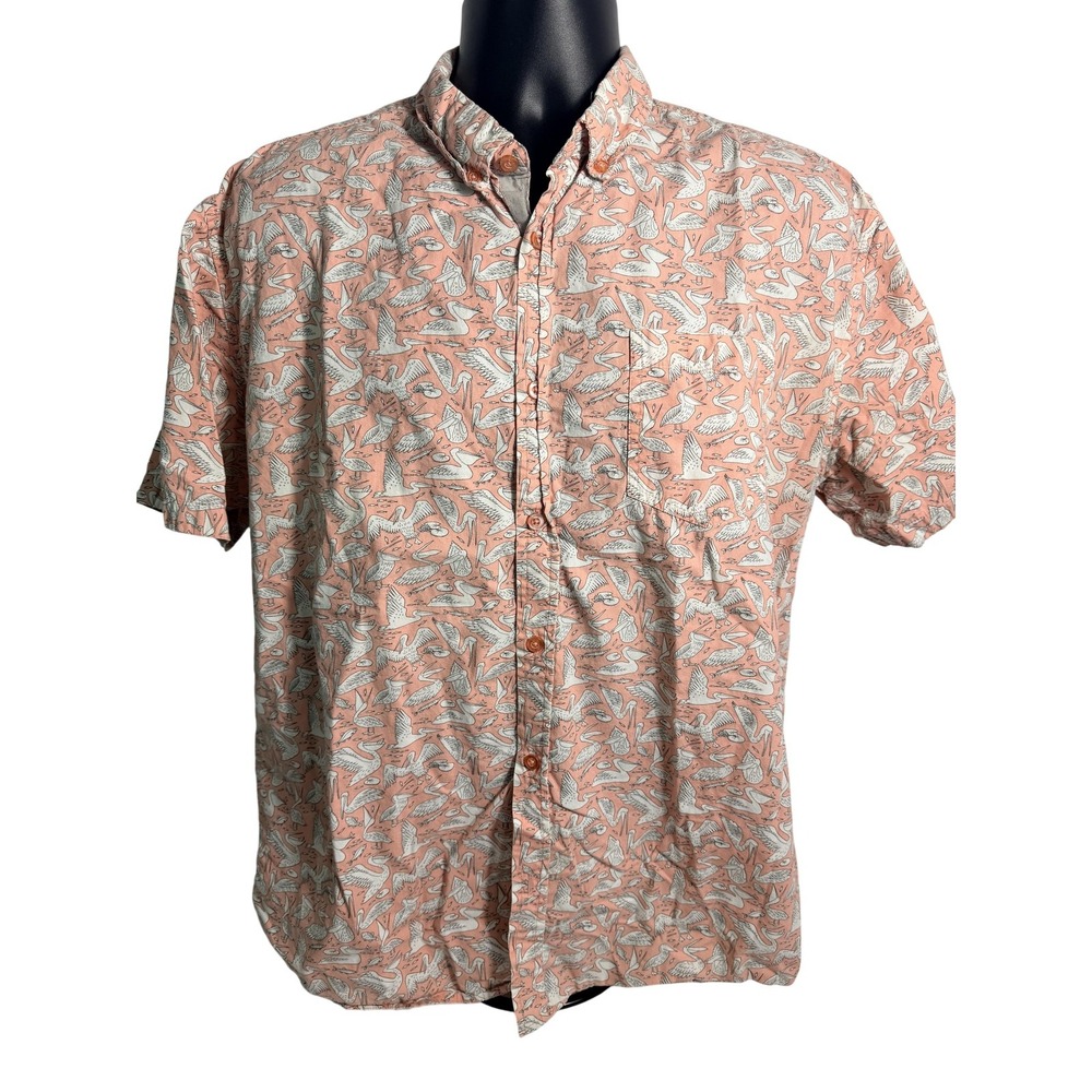 Artistry In Motion Shirt Mens XL Pink Pelican Print Slim Fit Tropical Button Up‎